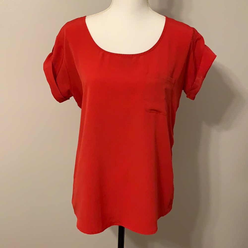 Olive&Oak, Red, folded short sleeve silky top, dress, blouse, Medium.